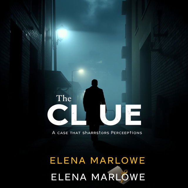 A cinematic mystery book cover for 'The Midnight Clue' by Elena Marlowe