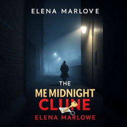 A cinematic mystery book cover for 'The Midnight Clue' by Elena Marlowe