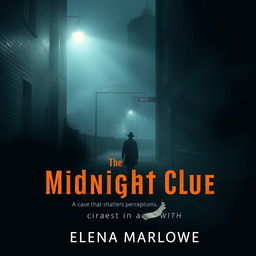 A cinematic mystery book cover for 'The Midnight Clue' by Elena Marlowe