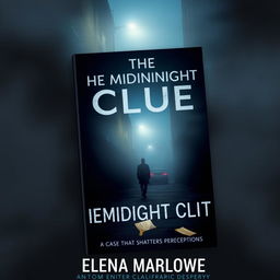 A cinematic mystery book cover for 'The Midnight Clue' by Elena Marlowe