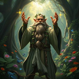 A powerful dwarf druid standing in a mystical forest, surrounded by lush greenery and ethereal wildlife