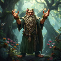 A powerful dwarf druid standing in a mystical forest, surrounded by lush greenery and ethereal wildlife