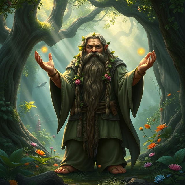 A powerful dwarf druid standing in a mystical forest, surrounded by lush greenery and ethereal wildlife