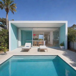 A small modern beach house with a compact front pool, featuring a subtle color scheme with a pop of vibrant color to add excitement and uniqueness.