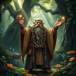 A powerful dwarf druid standing in a mystical forest, surrounded by lush greenery and ethereal wildlife