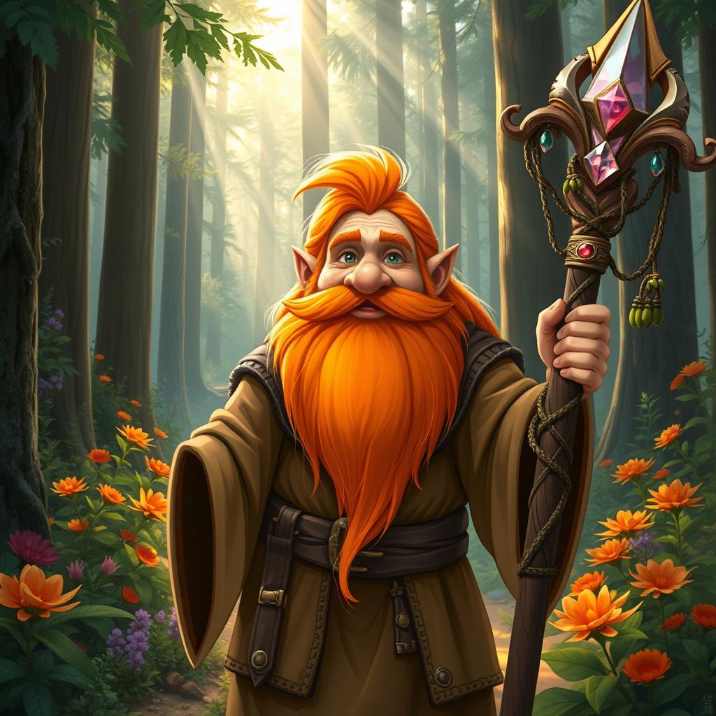 A vibrant dwarf druid with a striking orange beard, standing amidst an enchanting forest filled with tall trees and colorful flora