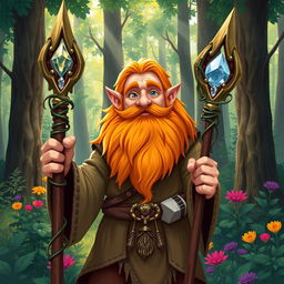 A vibrant dwarf druid with a striking orange beard, standing amidst an enchanting forest filled with tall trees and colorful flora