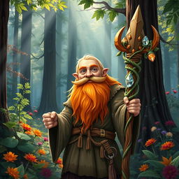 A vibrant dwarf druid with a striking orange beard, standing amidst an enchanting forest filled with tall trees and colorful flora