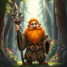 A vibrant dwarf druid with a striking orange beard, standing amidst an enchanting forest filled with tall trees and colorful flora