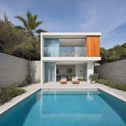 A small modern beach house with a compact front pool, featuring a subtle color scheme with a pop of vibrant color to add excitement and uniqueness.