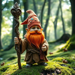 A small, charismatic gnome druid with a vibrant orange beard, wearing earthy-toned robes adorned with nature motifs