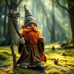 A small, charismatic gnome druid with a vibrant orange beard, wearing earthy-toned robes adorned with nature motifs