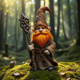 A small, charismatic gnome druid with a vibrant orange beard, wearing earthy-toned robes adorned with nature motifs