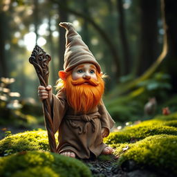 A small, charismatic gnome druid with a vibrant orange beard, wearing earthy-toned robes adorned with nature motifs