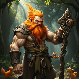 A muscular gnome druid with a vibrant orange beard, showcasing a fit and powerful physique