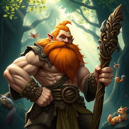 A muscular gnome druid with a vibrant orange beard, showcasing a fit and powerful physique