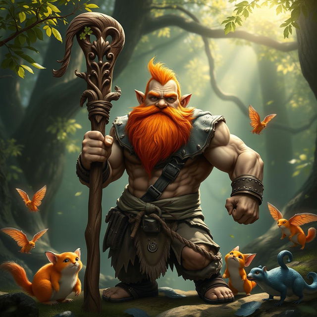 A muscular gnome druid with a vibrant orange beard, showcasing a fit and powerful physique