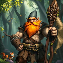 A muscular gnome druid with a vibrant orange beard, showcasing a fit and powerful physique