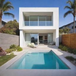 A small modern beach house with a compact front pool, featuring a subtle color scheme with a pop of vibrant color to add excitement and uniqueness.