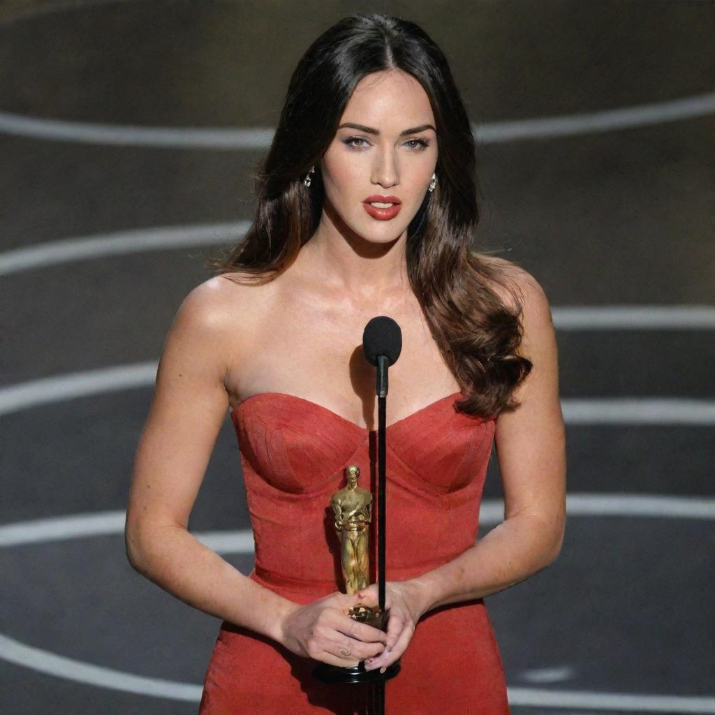 A young woman resembling Megan Fox with chest-length brunette hair on a stage, giving a speech with her Oscar award