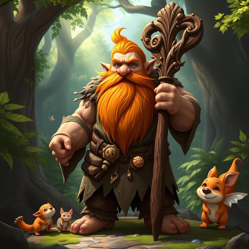 A robust and muscular gnome druid with a striking orange beard, showcasing a hearty and powerful build