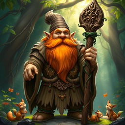 A robust and muscular gnome druid with a striking orange beard, showcasing a hearty and powerful build