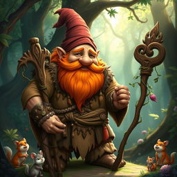 A robust and muscular gnome druid with a striking orange beard, showcasing a hearty and powerful build