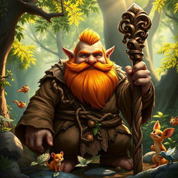 A robust and muscular gnome druid with a striking orange beard, showcasing a hearty and powerful build