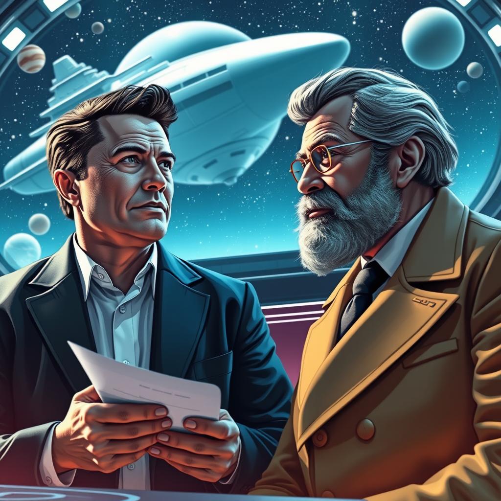 A visionary meeting between Elon Musk and Wernher von Braun, depicted in a futuristic setting that blends elements of space exploration and technological advancement