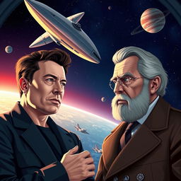 A visionary meeting between Elon Musk and Wernher von Braun, depicted in a futuristic setting that blends elements of space exploration and technological advancement