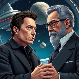 A visionary meeting between Elon Musk and Wernher von Braun, depicted in a futuristic setting that blends elements of space exploration and technological advancement