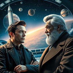 A visionary meeting between Elon Musk and Wernher von Braun, depicted in a futuristic setting that blends elements of space exploration and technological advancement