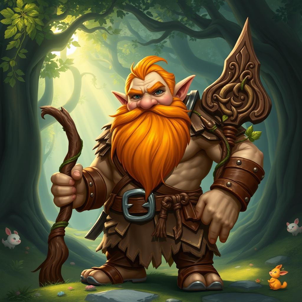 A muscular and stout gnome druid with a vibrant orange beard, wearing rugged leather armor that accentuates his powerful build