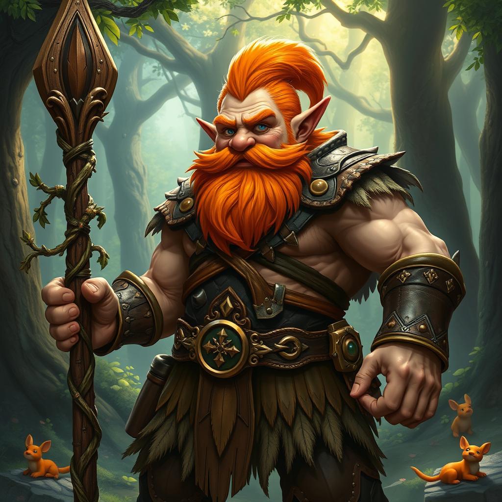 A muscular and stout gnome druid with a vibrant orange beard, wearing rugged leather armor that accentuates his powerful build