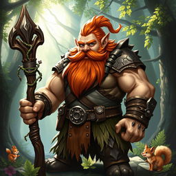 A muscular and stout gnome druid with a vibrant orange beard, wearing rugged leather armor that accentuates his powerful build