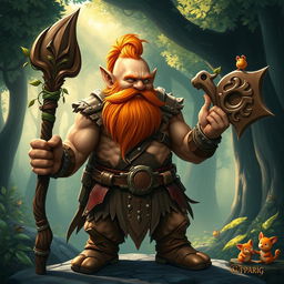 A muscular and stout gnome druid with a vibrant orange beard, wearing rugged leather armor that accentuates his powerful build