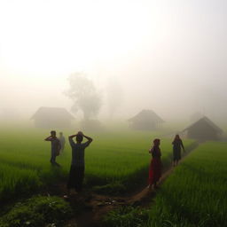 A serene morning scene in a small village shrouded in white fog, with soft sunlight filtering through the mist