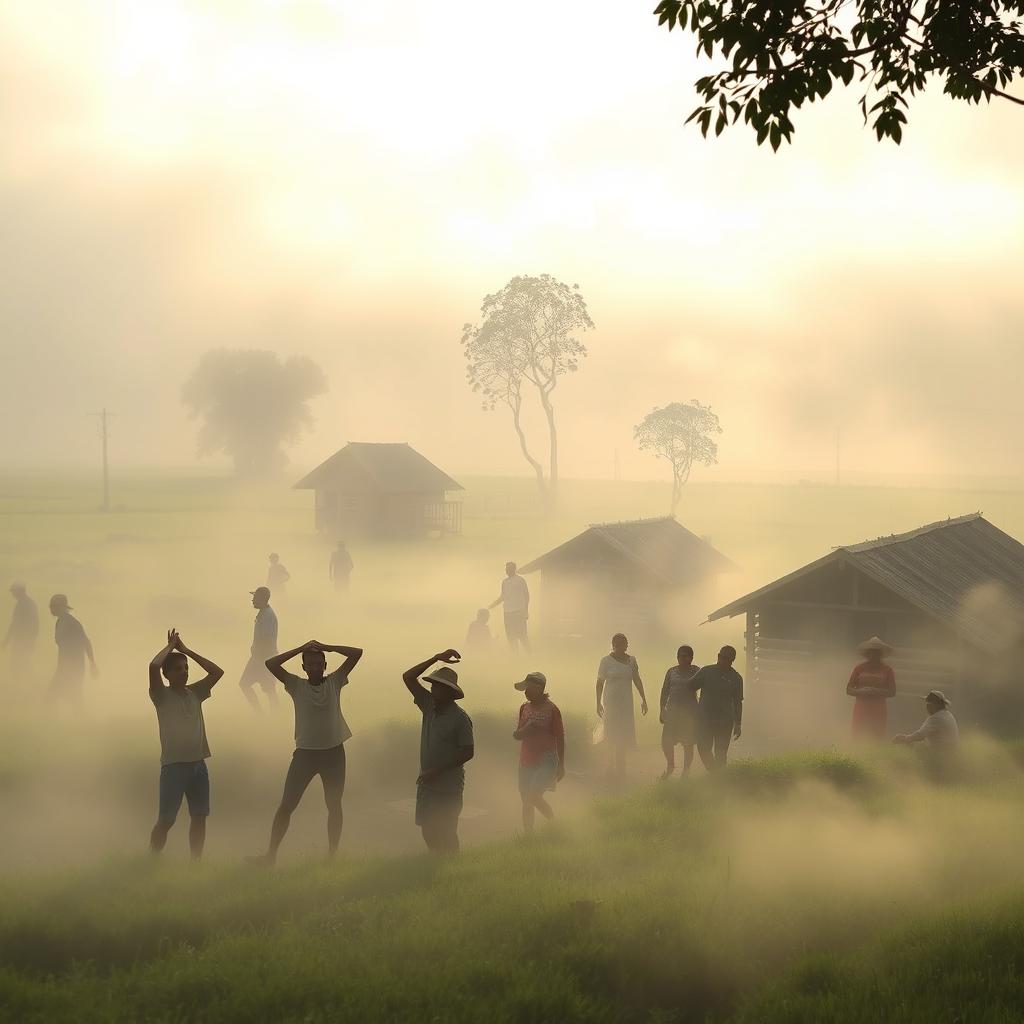 A serene morning scene in a small village shrouded in white fog, with soft sunlight filtering through the mist