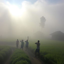 A serene morning scene in a small village shrouded in white fog, with soft sunlight filtering through the mist