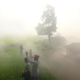 A serene morning scene in a small village shrouded in white fog, with soft sunlight filtering through the mist