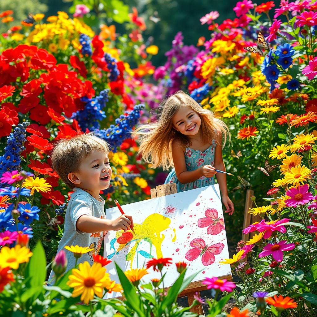 A vibrant scene of a colorful garden filled with blooming flowers in various shades of red, blue, yellow, and green