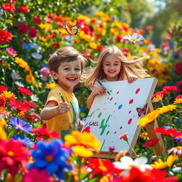 A vibrant scene of a colorful garden filled with blooming flowers in various shades of red, blue, yellow, and green