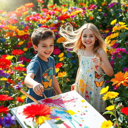 A vibrant scene of a colorful garden filled with blooming flowers in various shades of red, blue, yellow, and green