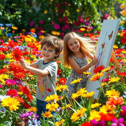 A vibrant scene of a colorful garden filled with blooming flowers in various shades of red, blue, yellow, and green