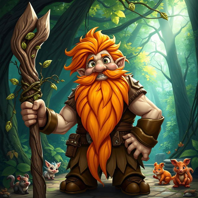 A stout and muscular gnome druid with a long, flowing orange beard and hair, wearing rugged leather armor that emphasizes his robust physique