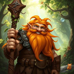 A stout and muscular gnome druid with a long, flowing orange beard and hair, wearing rugged leather armor that emphasizes his robust physique