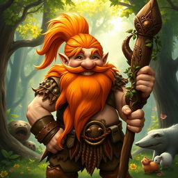 A stout and muscular gnome druid with a long, flowing orange beard and hair, wearing rugged leather armor that emphasizes his robust physique