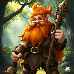 A stout and muscular gnome druid with a long, flowing orange beard and hair, wearing rugged leather armor that emphasizes his robust physique