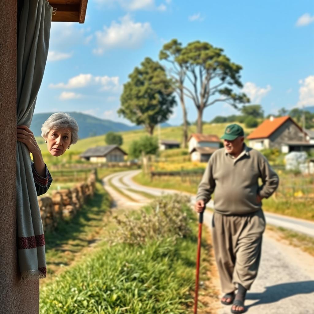 An elderly man walking along a village road, holding a cane in his hand, with a serene and picturesque rural backdrop