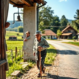 An elderly man walking along a village road, holding a cane in his hand, with a serene and picturesque rural backdrop